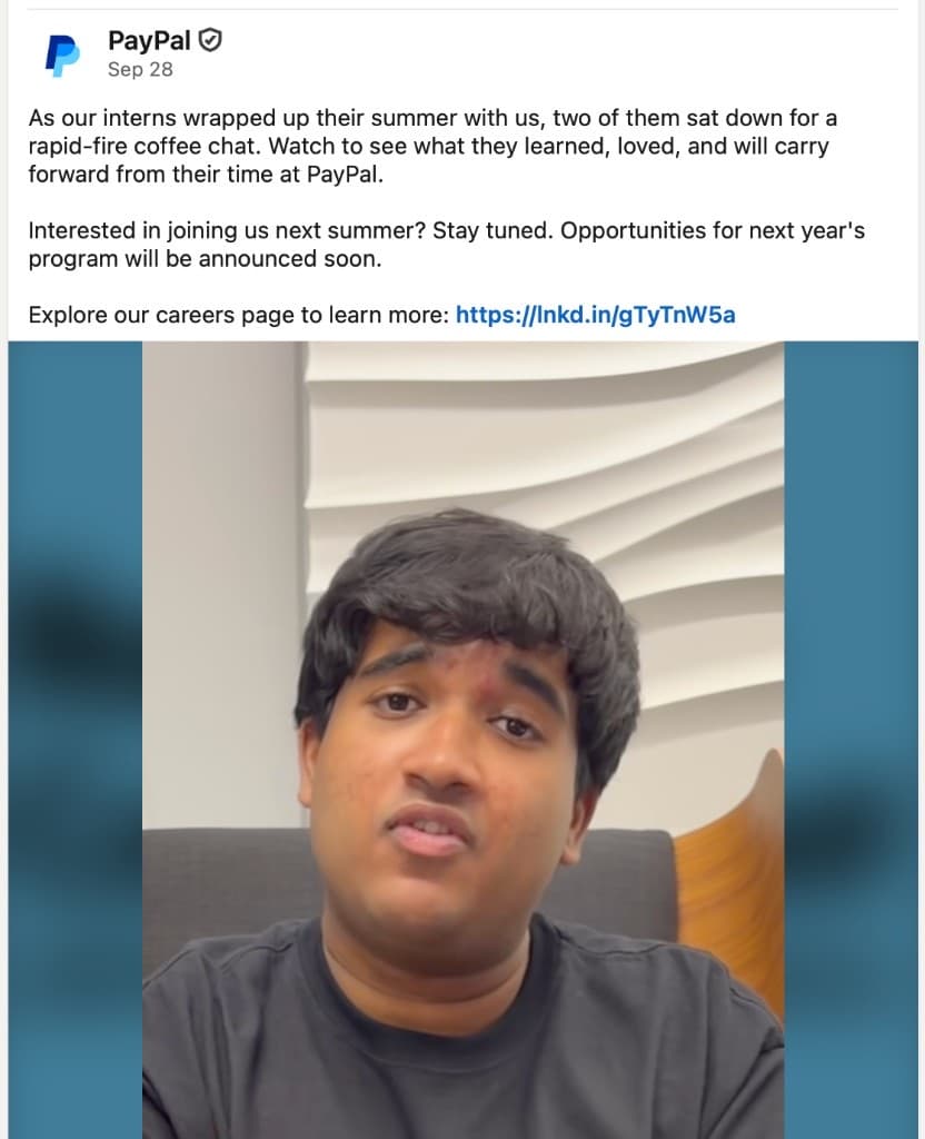 Joshua Zachariah featured in PayPal’s LinkedIn intern wrap-up